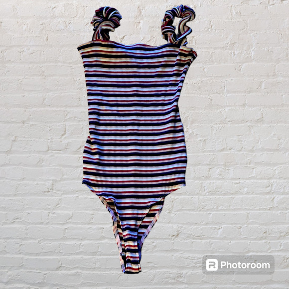 REFORMATION Hampton Ruffle Bodysuit in Hollywood Striped, Size Large - Picture 1 of 14